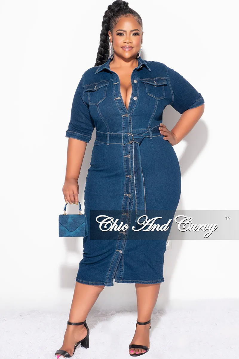NonBindingWaistline Final Sale Plus Size Collar Button Up Dress with Front Slit in Dark Denim