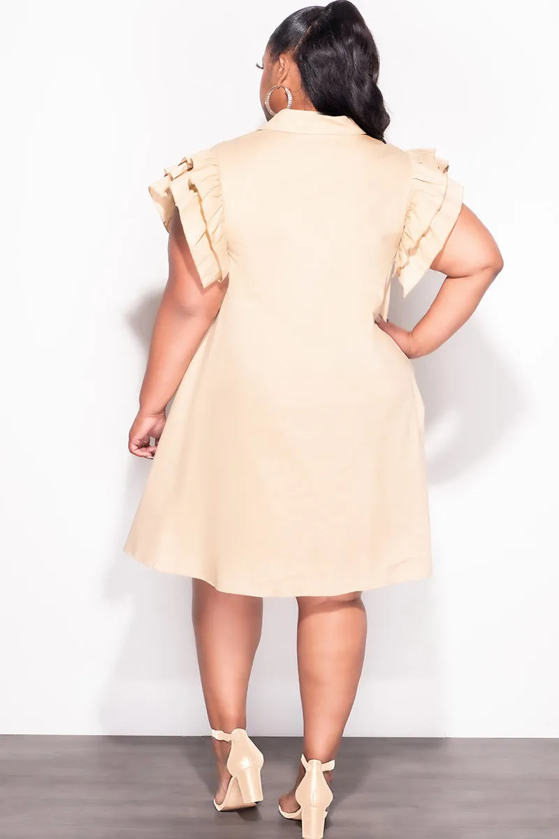 Easy Care Fabric Final Sale Plus Size Collar Button Up Dress with Ruffle Sleeves in Tan