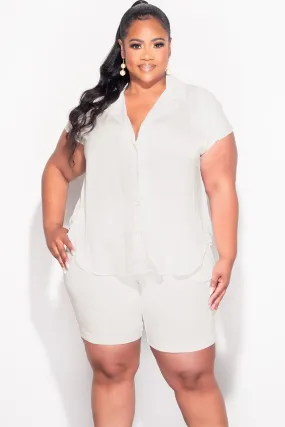 Final Sale Plus Size Collar Button Up in Ivory Relaxed Fit Design