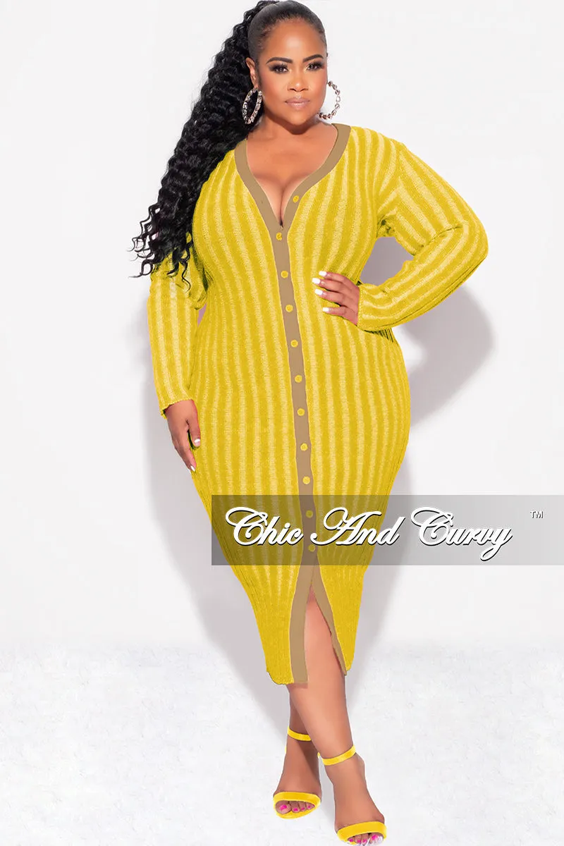 Chilly Weather Wear SoftCottonBlend Final Sale Plus Size Collar Button Up Midi Dress in Mustard