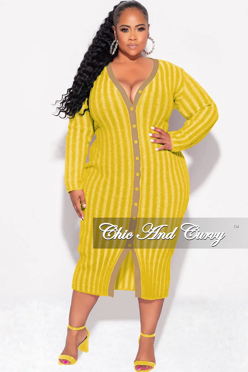 Work Friendly Final Sale Plus Size Collar Button Up Midi Dress in Mustard