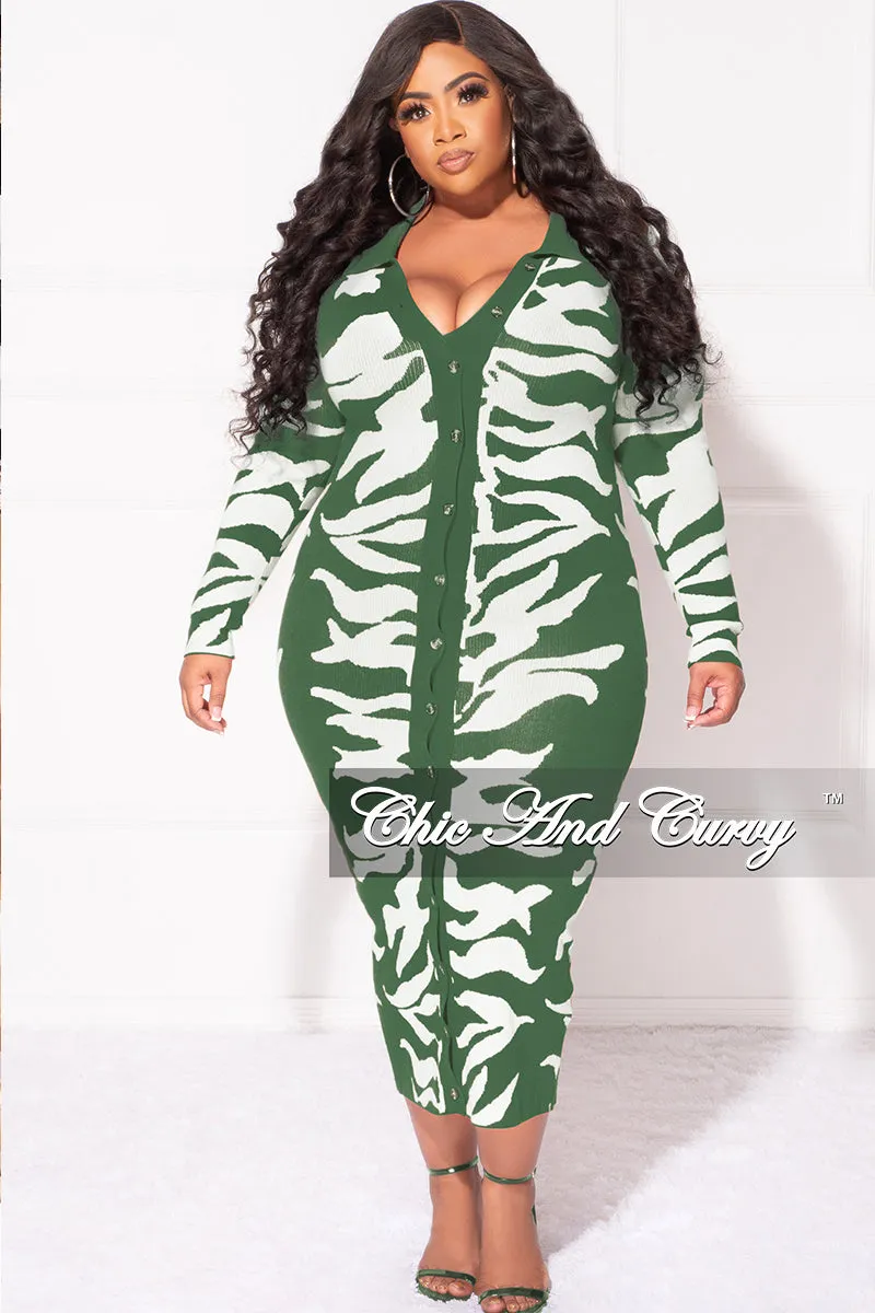 Final Sale Plus Size Collar Button Up Midi Dress in Olive and White Design Print Travel Friendly Performance Stretch