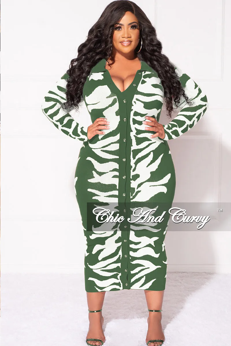 Chilly Weather Wear StretchWaistband Final Sale Plus Size Collar Button Up Midi Dress in Olive and White Design Print