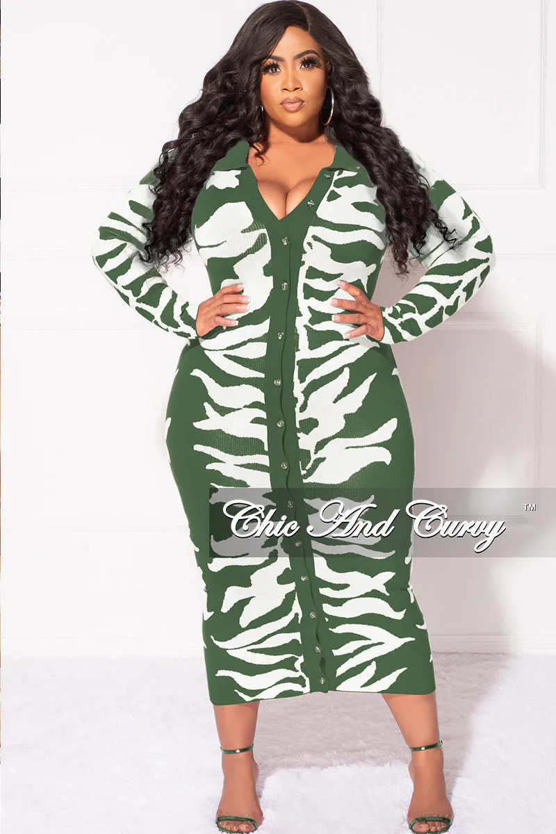 Final Sale Plus Size Collar Button Up Midi Dress in Olive and White Design Print MultiPocket Snag Free Fabric