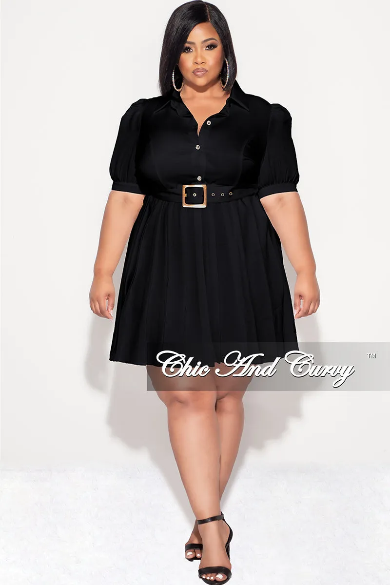 Final Sale Plus Size Collar Button Up Pleated Dress with Belt in Black Core Comfort