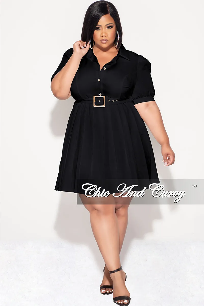 Final Sale Plus Size Collar Button Up Pleated Dress with Belt in Black Chic Comfort