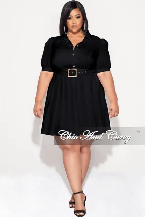 Lounge-friendly Layered Panel Design Final Sale Plus Size Collar Button Up Pleated Dress with Belt in Black