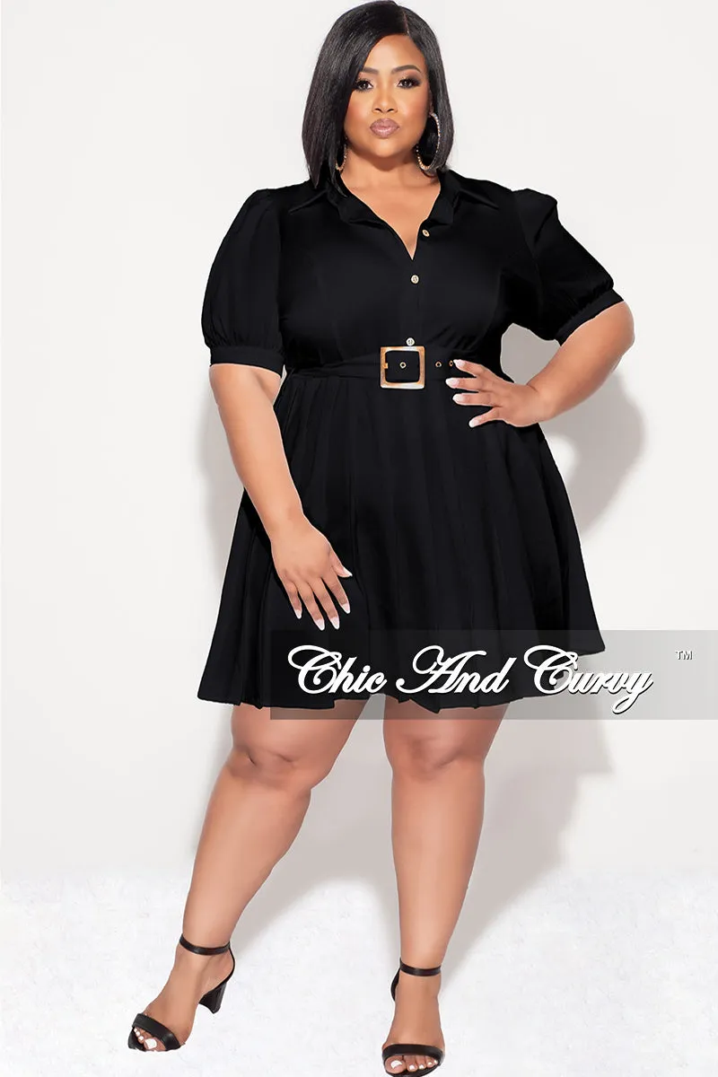 Final Sale Plus Size Collar Button Up Pleated Dress with Belt in Black Functional Design Tagless Design