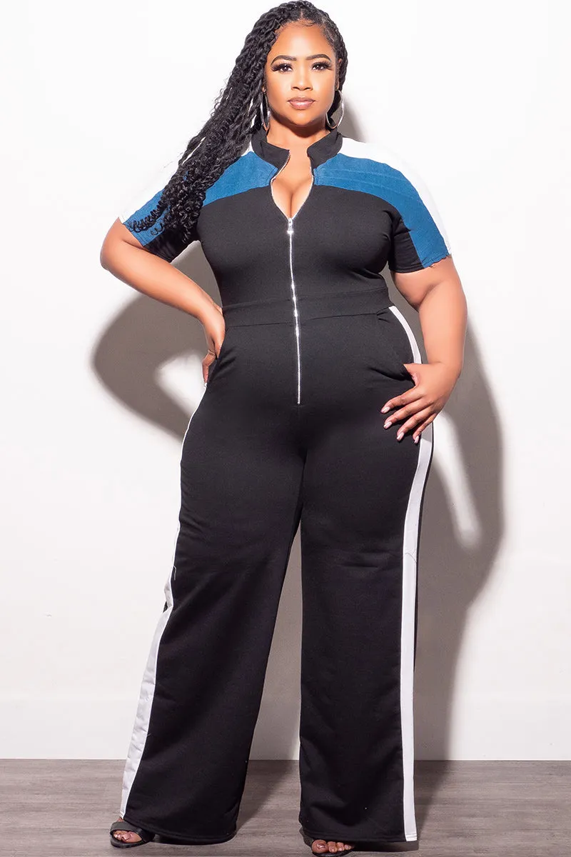 Solid shade Everyday Comfort Wear Final Sale Plus Size Colorblock Zip Up Jumpsuit in Black Denim and White