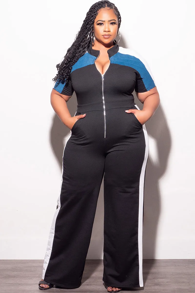 Final Sale Plus Size Colorblock Zip Up Jumpsuit in Black Denim and White Body Shape