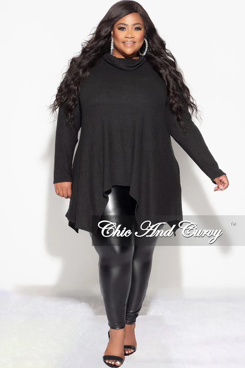 ElasticWaist Fashionable Design Final Sale Plus Size Cozy Turtleneck High-Low Pocket Tunic Top in Black