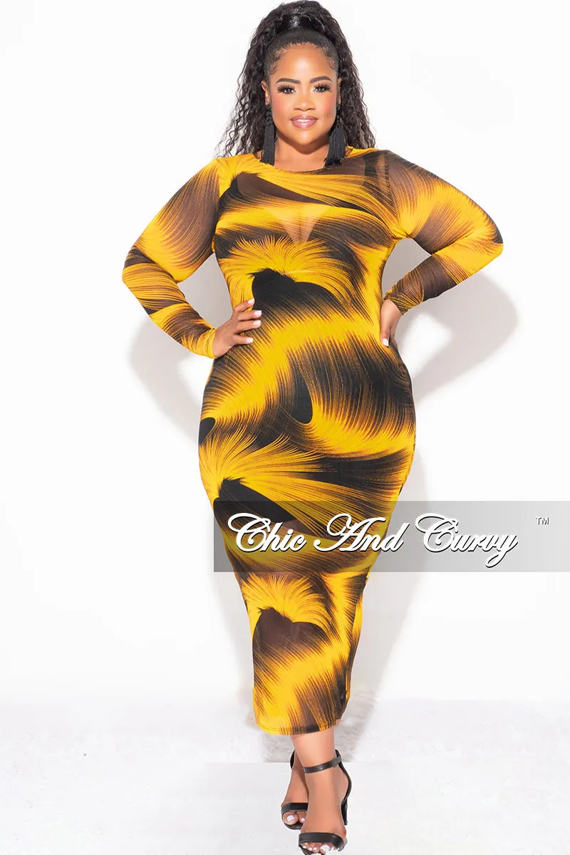 Final Sale Plus Size Crew Neck Long Sleeve Mesh Dress in Black and Yellow Machine washable TearResistantMaterial