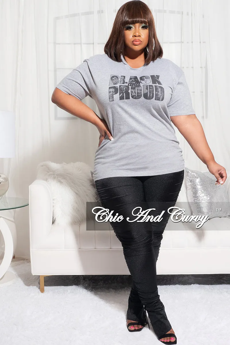 Final Sale Plus Size Crew Neck Short Sleeve Black & Proud T-Shirt in Heather Grey Comfy Cut Flared bottom