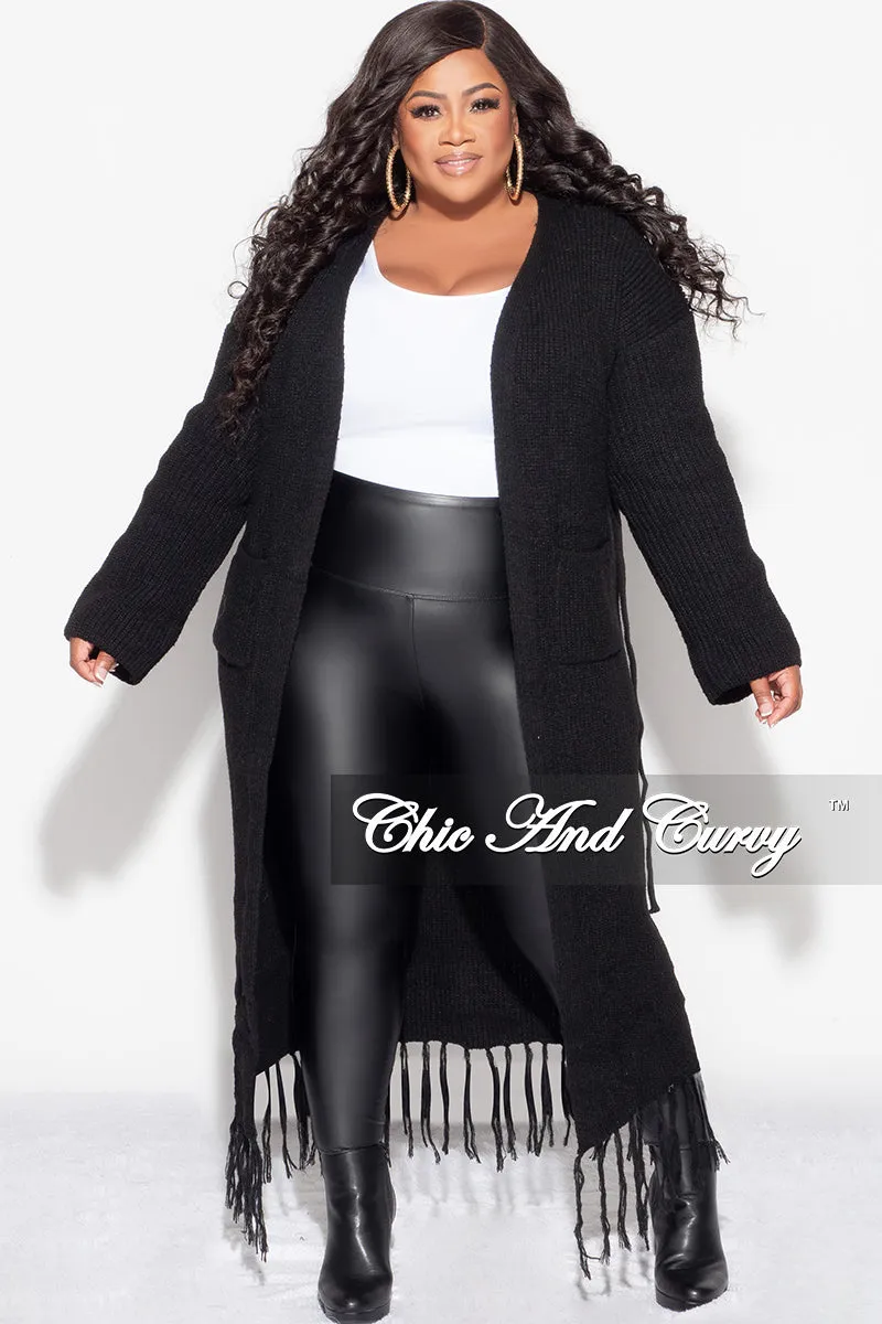 Final Sale Plus Size Crochet Cardigan with Tie and Fringe Bottom in Black Body Ready Clean Fit