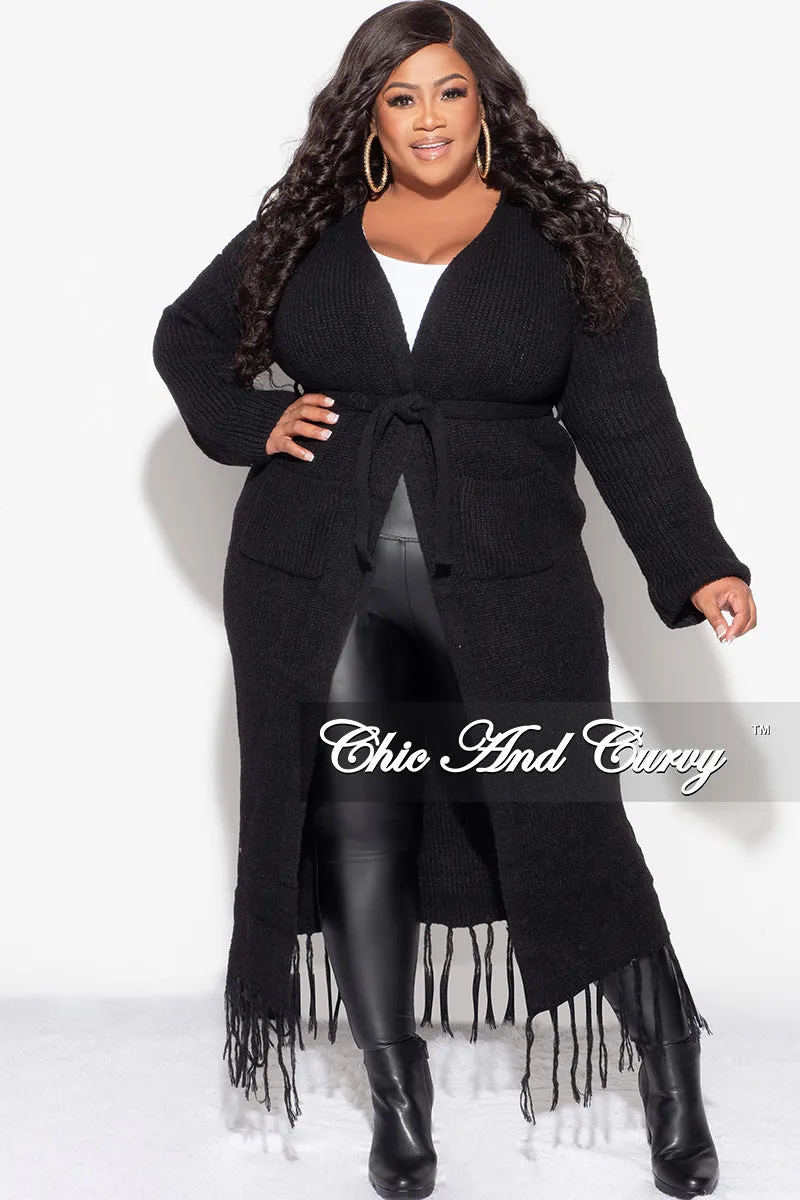 Final Sale Plus Size Crochet Cardigan with Tie and Fringe Bottom in Black Functional Fashion Ultimate Wear