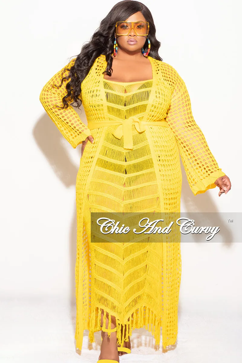 Lightweight Feel Active Layer Final Sale Plus Size Crochet Cardigan with Tie in Yellow