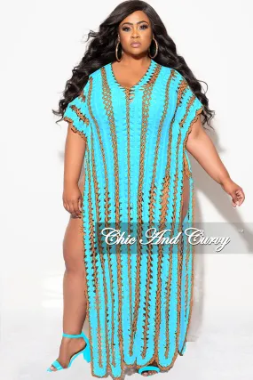 Wrinkle Free Fabric Final Sale Plus Size Crochet Cover Up in Aqua & Tan