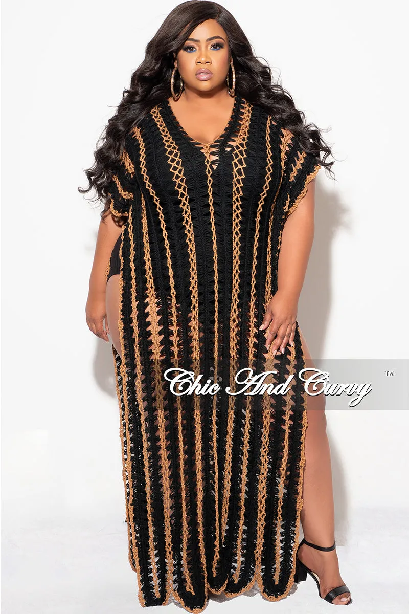 Full Comfort Final Sale Plus Size Crochet Cover Up in Black & Tan