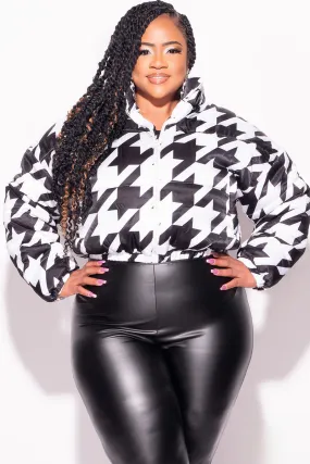 Final Sale Plus Size Crop Puffer Jacket in Houndstooth Print Bold Waistband Thermal Lining