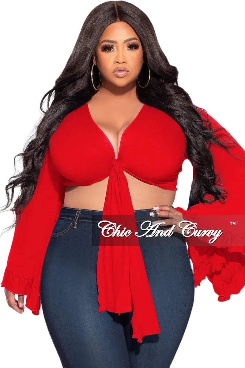 Final Sale Plus Size Crop Tie Top with Bell Sleeves in Red Elastic waist Seamless Technology
