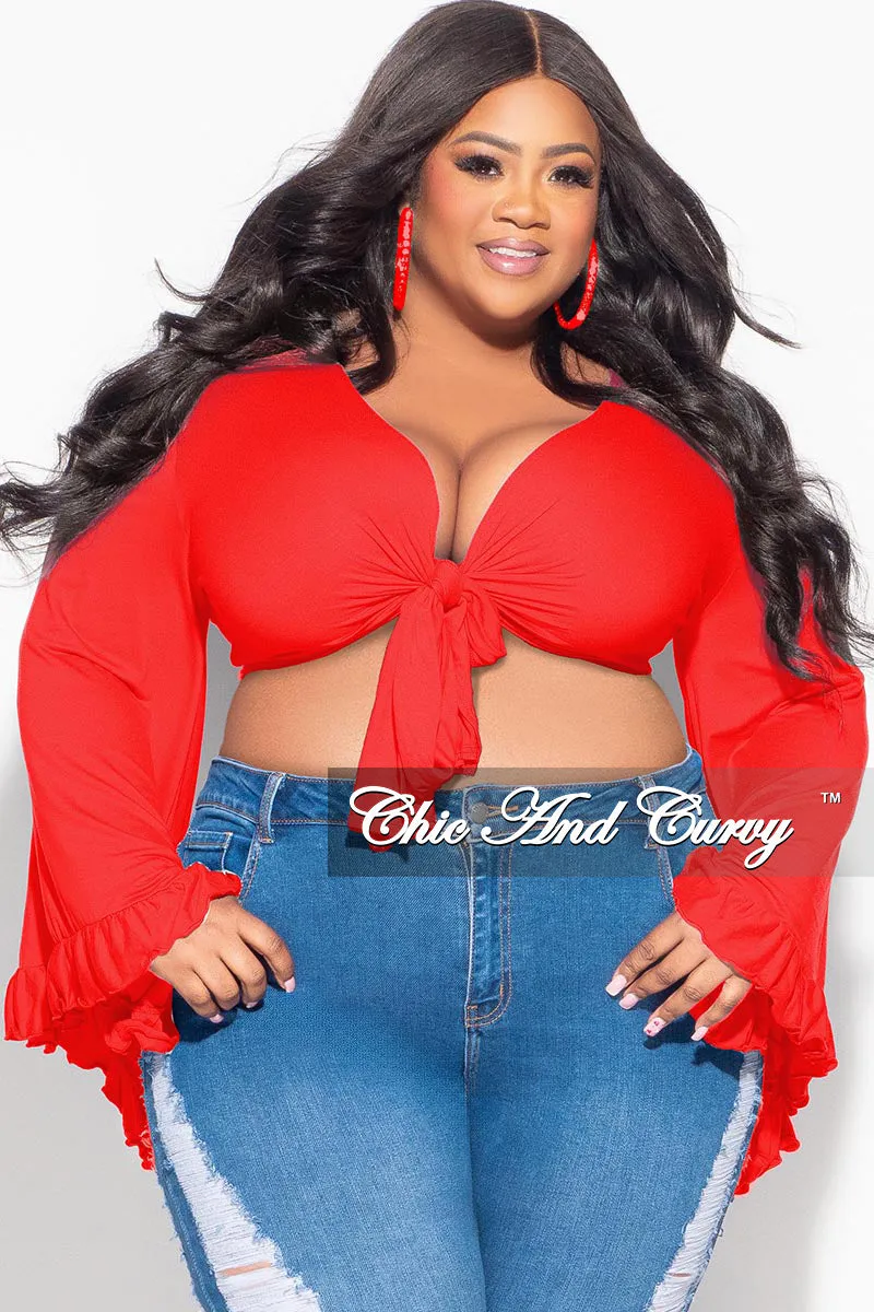 Final Sale Plus Size Crop Tie Top with Bell Sleeves in Red Low Bulk Design
