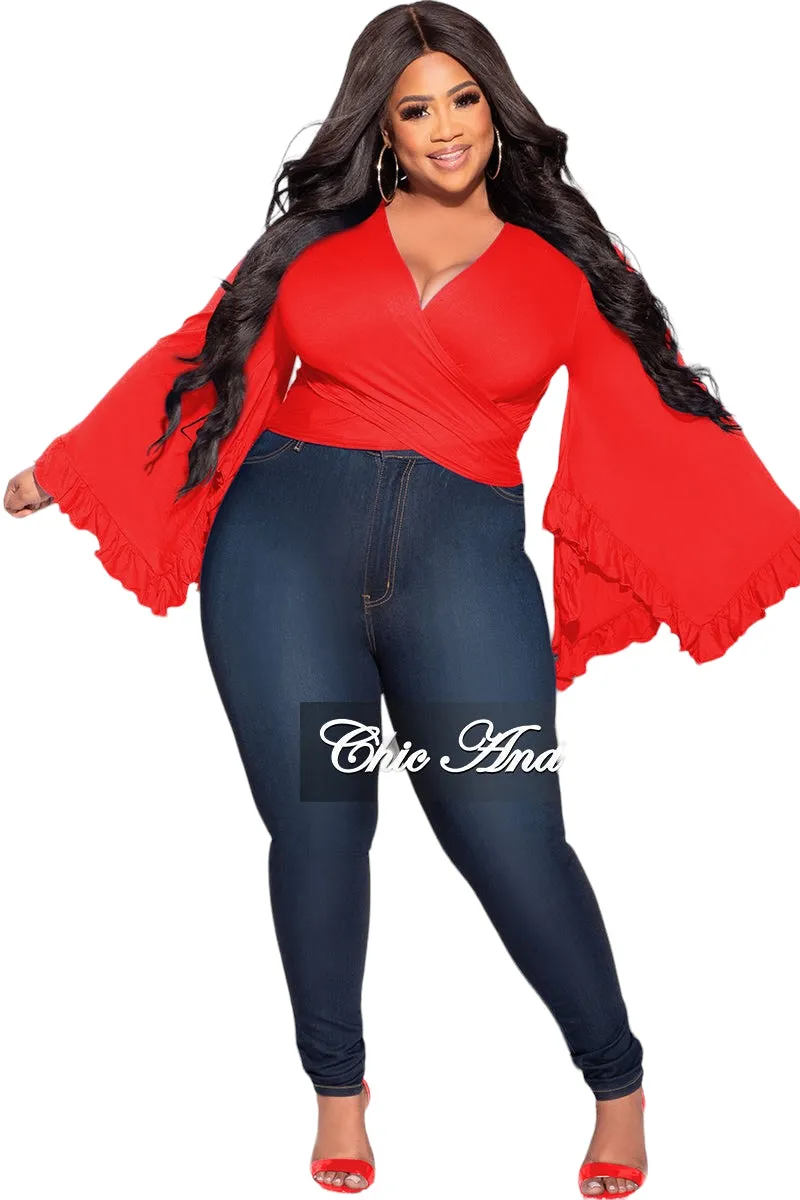 BreathableMeshLining Stable Shape Final Sale Plus Size Crop Tie Top with Bell Sleeves in Red