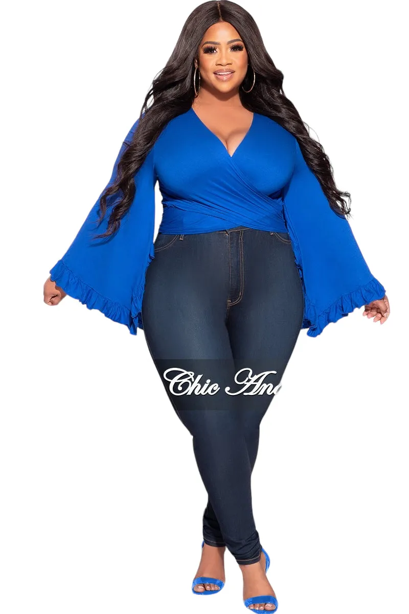 Fitted Style Final Sale Plus Size Crop Tie Top with Bell Sleeves in Royal Blue