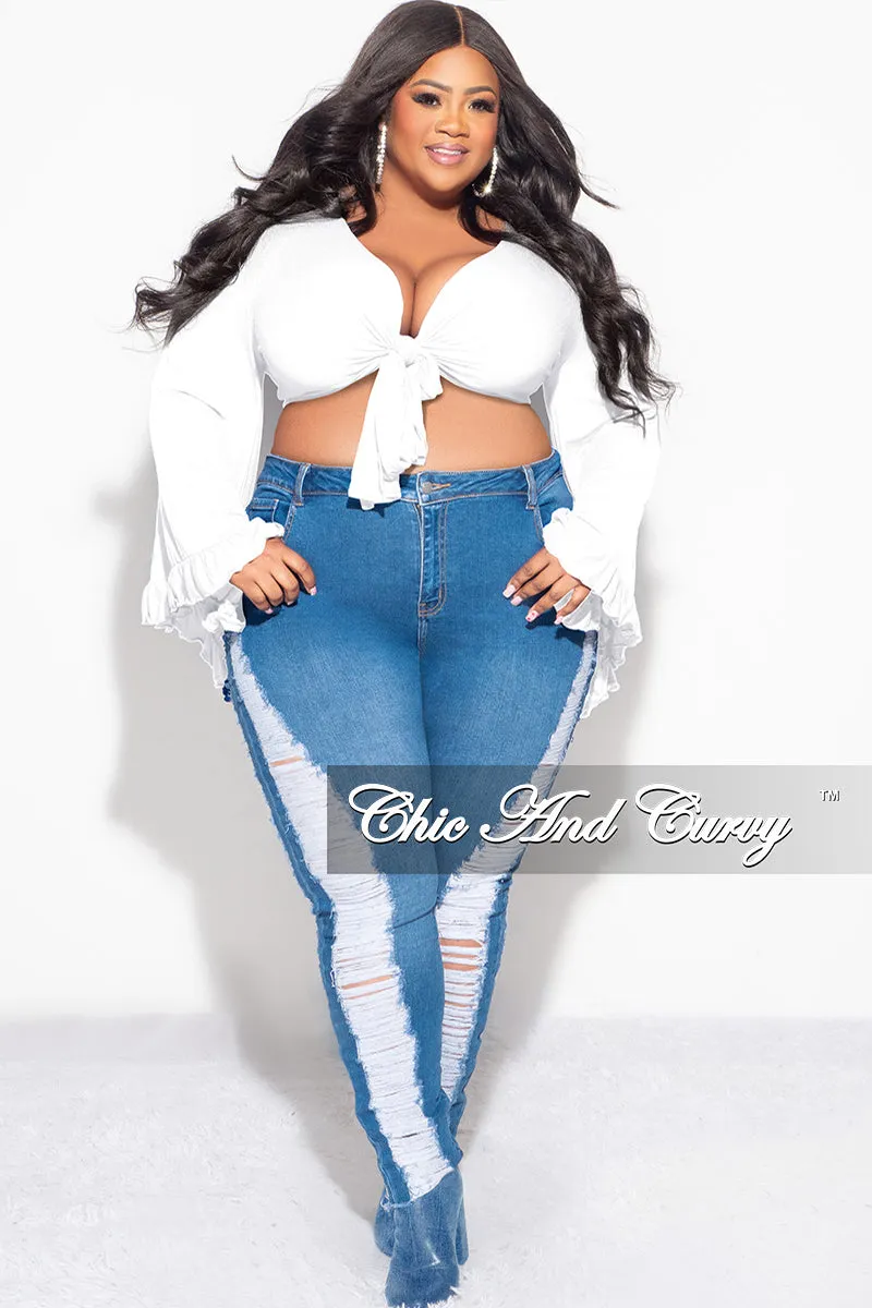 Bold Waistband Final Sale Plus Size Crop Tie Top with Bell Sleeves in White
