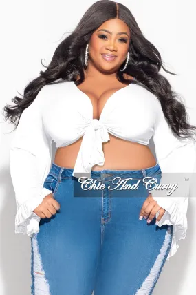 Non Restrictive Cut Final Sale Plus Size Crop Tie Top with Bell Sleeves in White