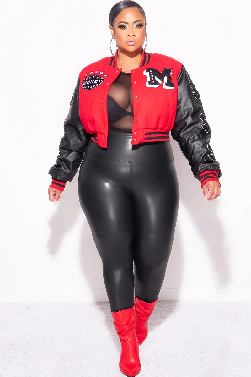 AdjustableWaistband Timeless Fit Final Sale Plus Size Cropped Varsity Jacket with Patches in Black & Red