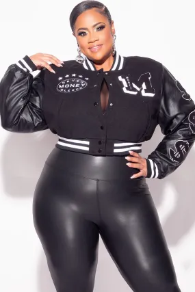Final Sale Plus Size Cropped Varsity Jacket with Patches in Black & White Anti Pilling Treatment AllDayCompression