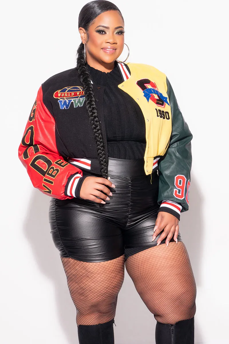 Flexible Comfort Wear Final Sale Plus Size Cropped Varsity Jacket with Patches in Black, Red and Yellow