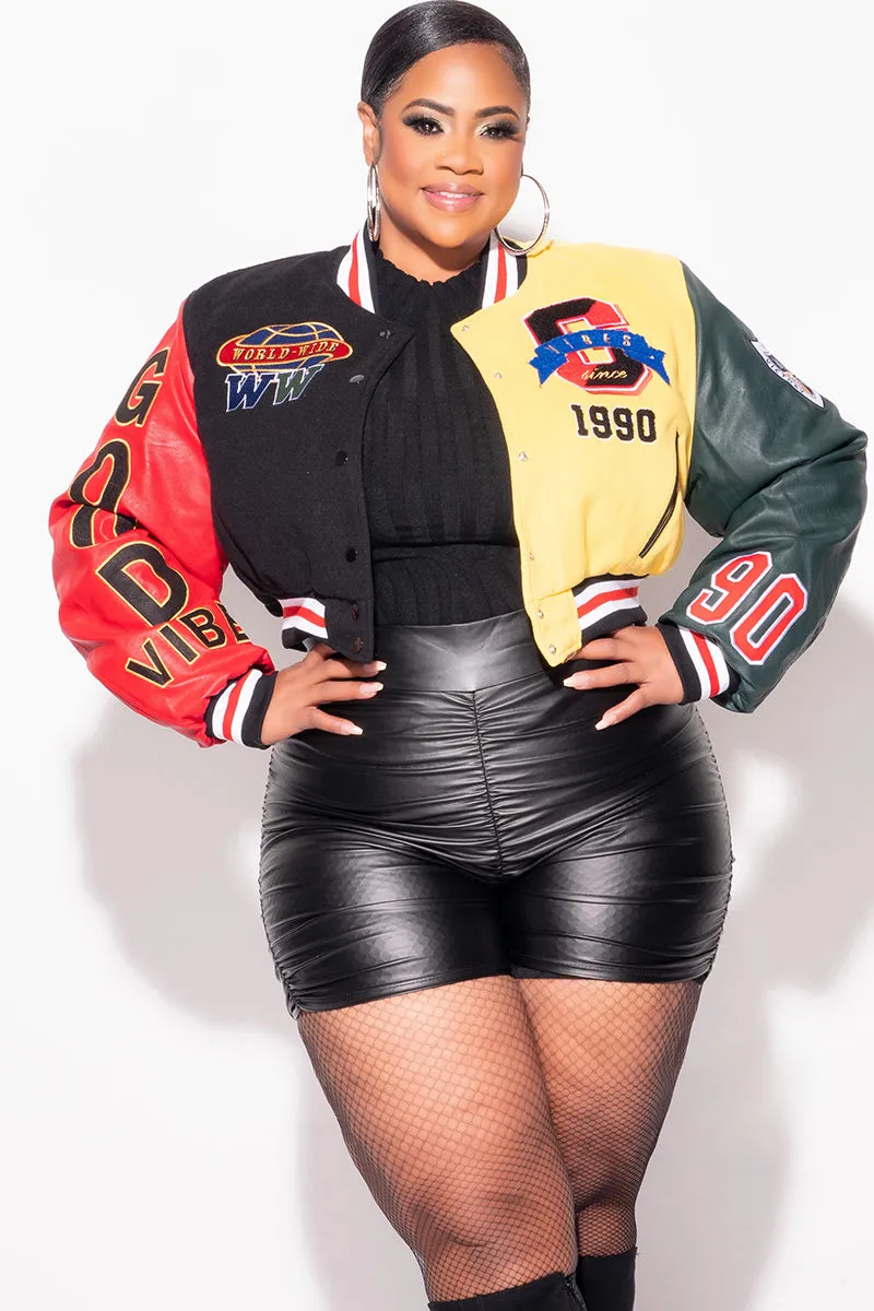 Essential Comfort Wear Quick Release Closure Final Sale Plus Size Cropped Varsity Jacket with Patches in Black, Red and Yellow