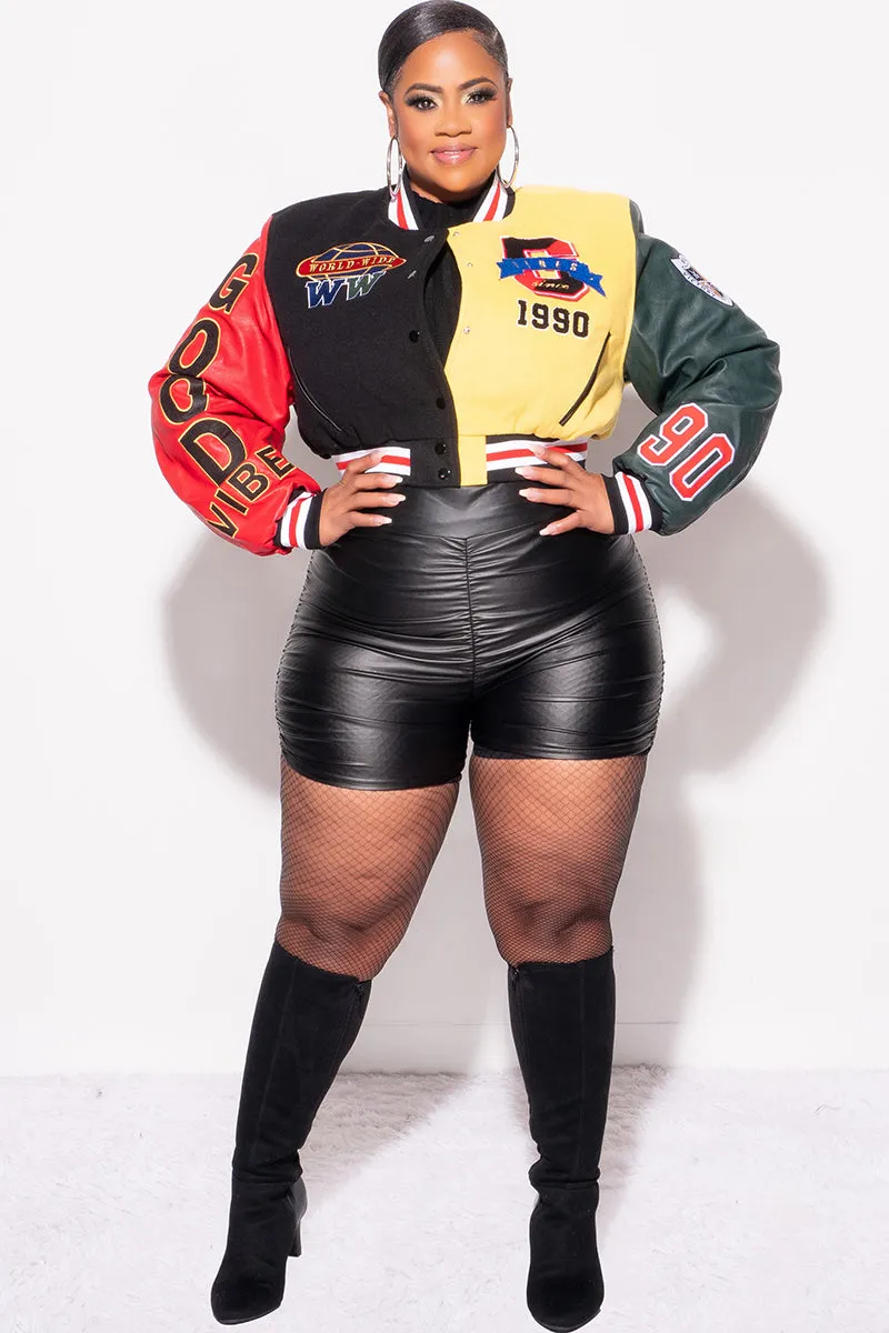 Adaptive Fit Neutral Look Final Sale Plus Size Cropped Varsity Jacket with Patches in Black, Red and Yellow