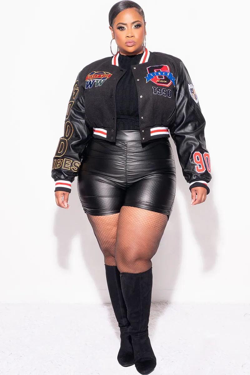 Luxe Look Laser Cut Perforations Final Sale Plus Size Cropped Varsity Jacket with Patches in Black, Red, Blue & Yellow