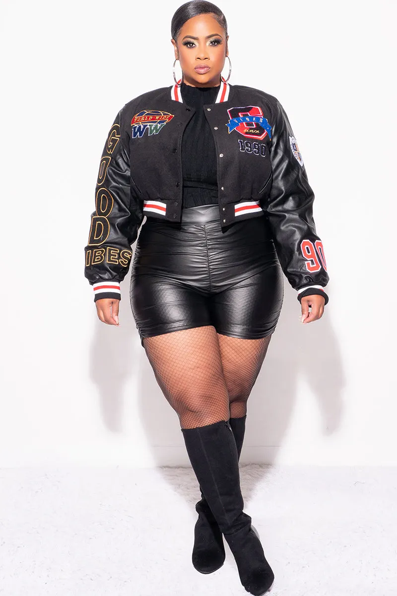 Final Sale Plus Size Cropped Varsity Jacket with Patches in Black, Red, Blue & Yellow QuickReleaseBuckle
