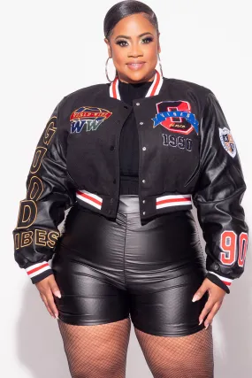 Fitted Design Timeless Style Final Sale Plus Size Cropped Varsity Jacket with Patches in Black, Red, Blue & Yellow