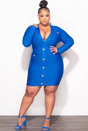 Bootcut shape All-day Flex Final Sale Plus Size Deep Faux Wrap Long Sleeve Bandage BodyCon Dress with Gold Buttons in Royal Blue