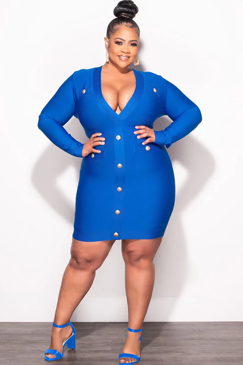 Low Rise Fit Final Sale Plus Size Deep Faux Wrap Long Sleeve Bandage BodyCon Dress with Gold Buttons in Royal Blue