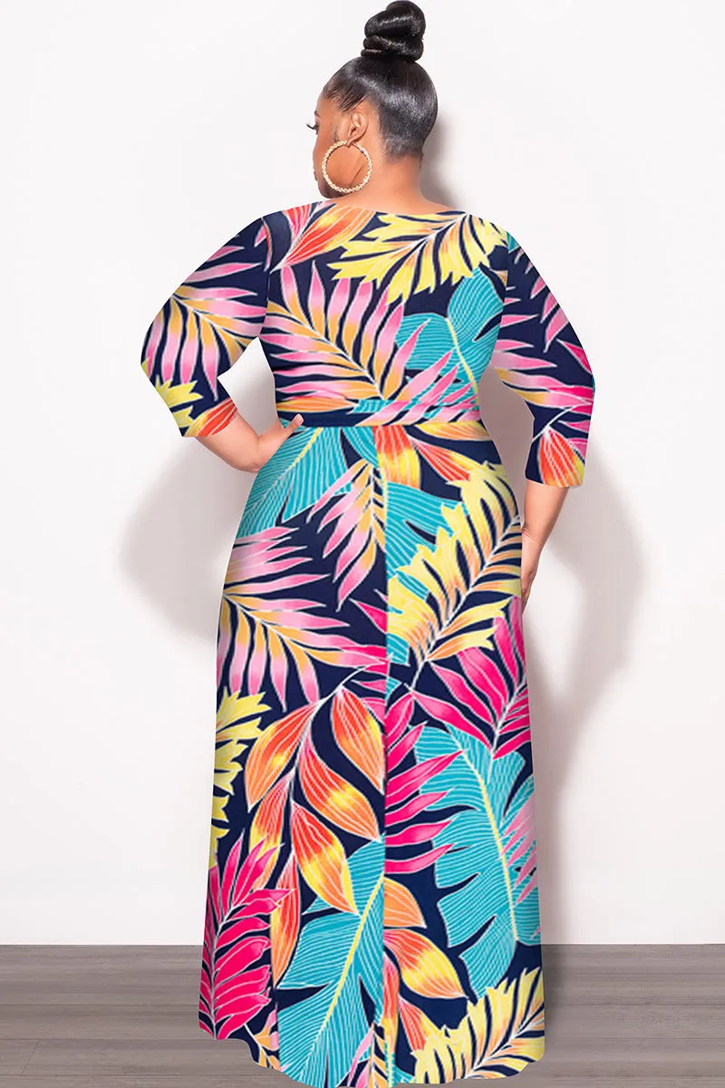 Final Sale Plus Size Deep V Faux Wrap Dress with 3/4 Sleeves in Navy Multi Leaf Print Quick Layer