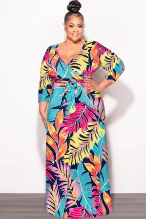 Minimal Bulk Final Sale Plus Size Deep V Faux Wrap Dress with 3/4 Sleeves in Navy Multi Leaf Print