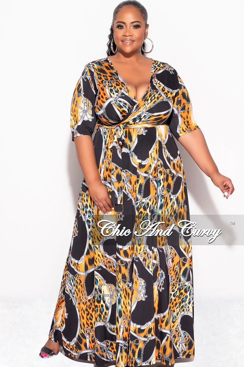 Double Needle Stitching Final Sale Plus Size Deep V Faux Wrap Dress with 3/4 Sleeves in Orange Black Print