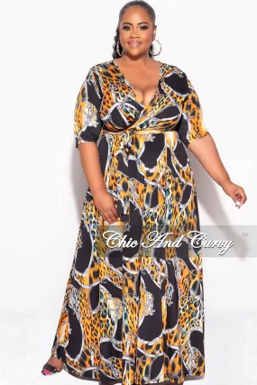 Double Needle Stitching Final Sale Plus Size Deep V Faux Wrap Dress with 3/4 Sleeves in Orange Black Print