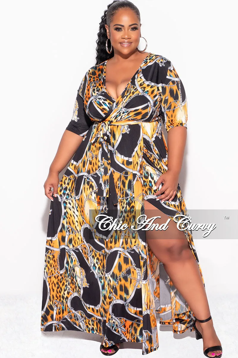 Urban Flex Final Sale Plus Size Deep V Faux Wrap Dress with 3/4 Sleeves in Orange Black Print