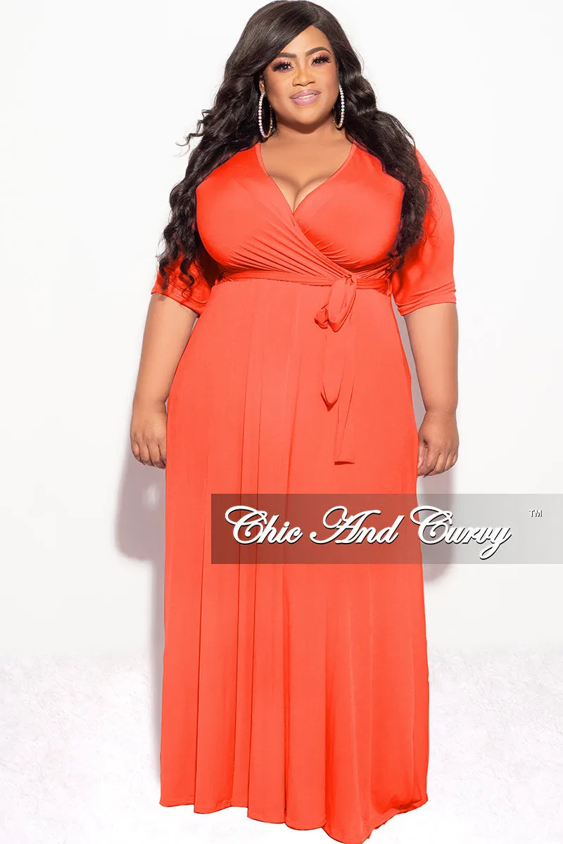 Tailored Silhouette Final Sale Plus Size Deep V Faux Wrap Dress with 3/4 Sleeves in Orange