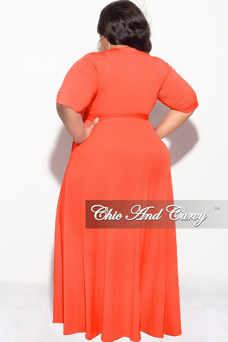 AntiStaticFinish Final Sale Plus Size Deep V Faux Wrap Dress with 3/4 Sleeves in Orange