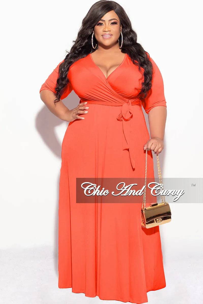 Flex Movement Final Sale Plus Size Deep V Faux Wrap Dress with 3/4 Sleeves in Orange
