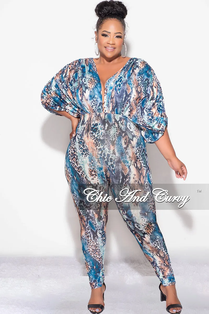 Seamless Waistband Final Sale Plus Size Deep V Jumpsuit in Multi-Color Snake Print
