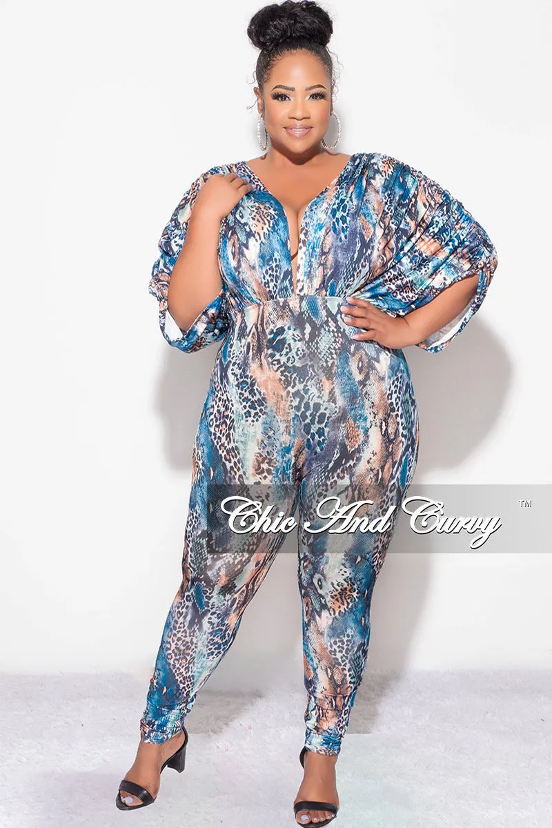 Moisture Lock Technology Modern Layer Final Sale Plus Size Deep V Jumpsuit in Multi-Color Snake Print