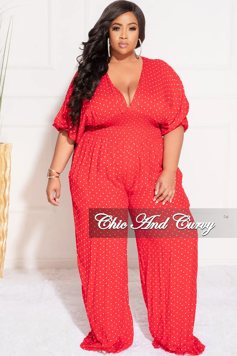 Double Needle Stitching Final Sale Plus Size Deep V Jumpsuit in Red and White Polka Dot